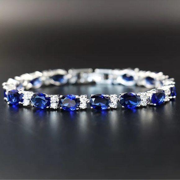 925 Sterling Silver Sapphire Tennis Bracelet - Picture 4 of 4